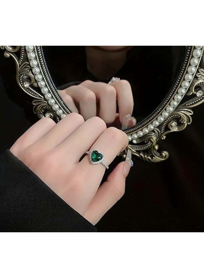 Emerald Heart Ring – Valentine’s Day Romantic Gift – Silver Tone Zircon Halo – Hypoallergenic Stainless Steel - Image 3